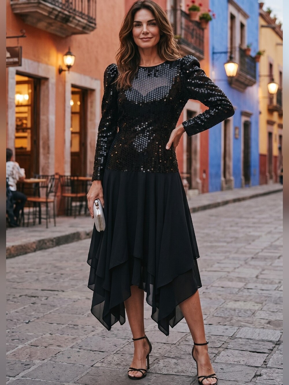 Vintage 80's Dave &Johnny Joseph Lara Black LSleeve Sequin Scarf Hem Midi Dress
